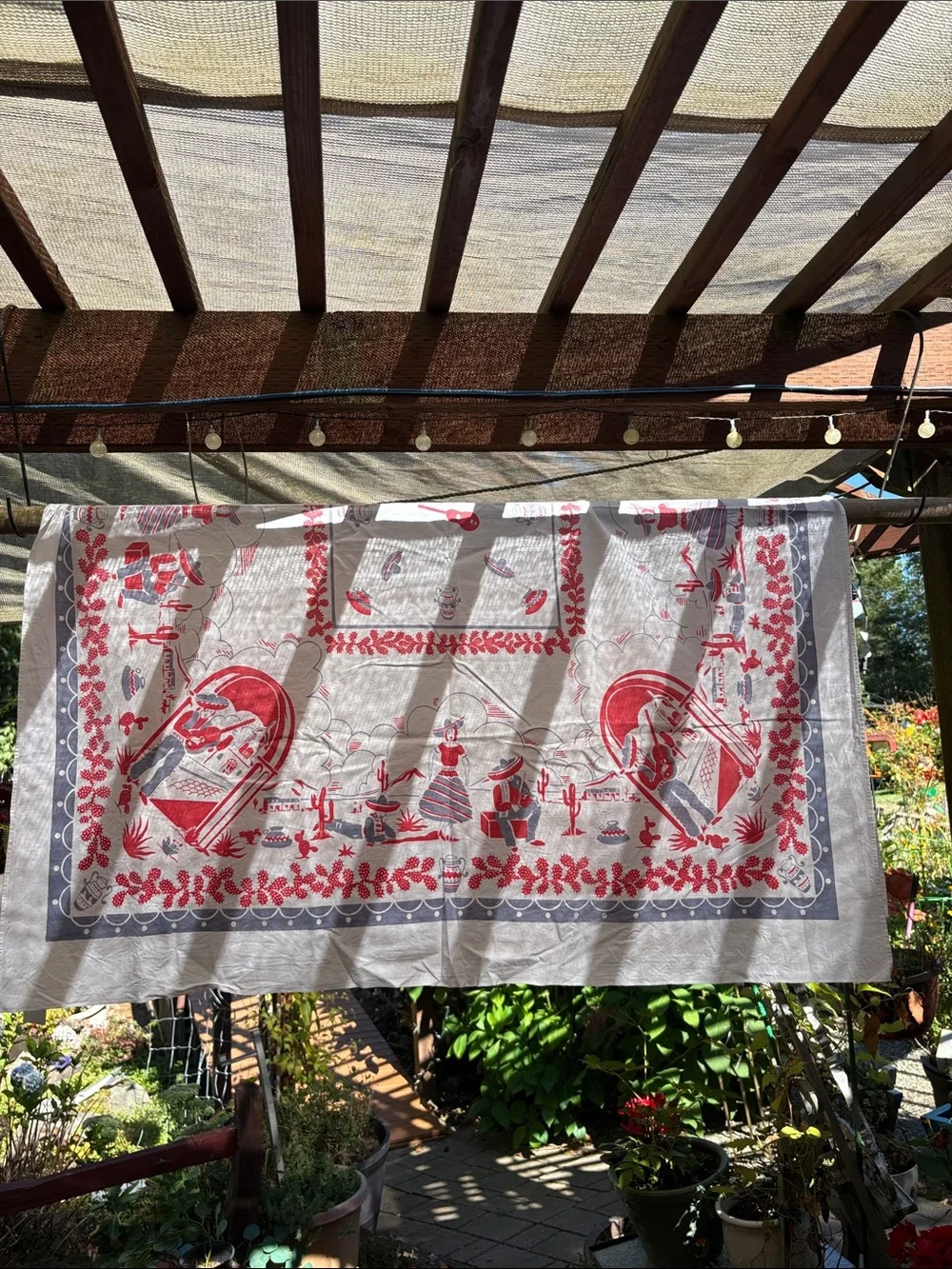 Vintage 1940’s Southwestern Print Tablecloth in Red and Gray. BB